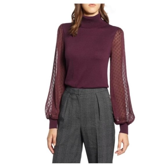 Halogen Sweaters - NWOT Sheer Sleeve Burgundy Turtleneck Sweater